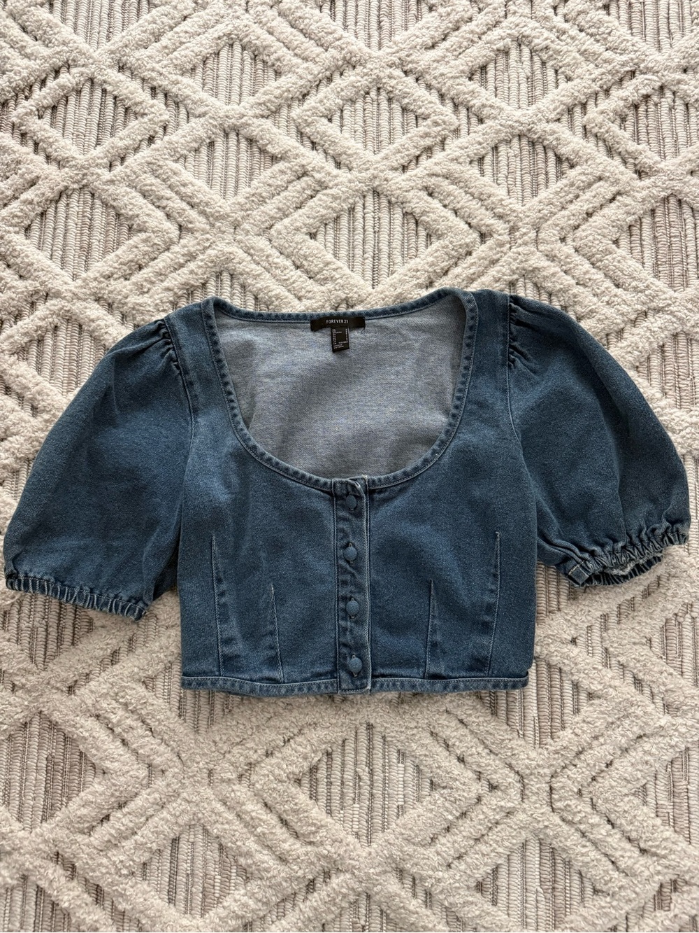 Forever 21 Denim Puff Sleeve Cropped Button Down Blouse
